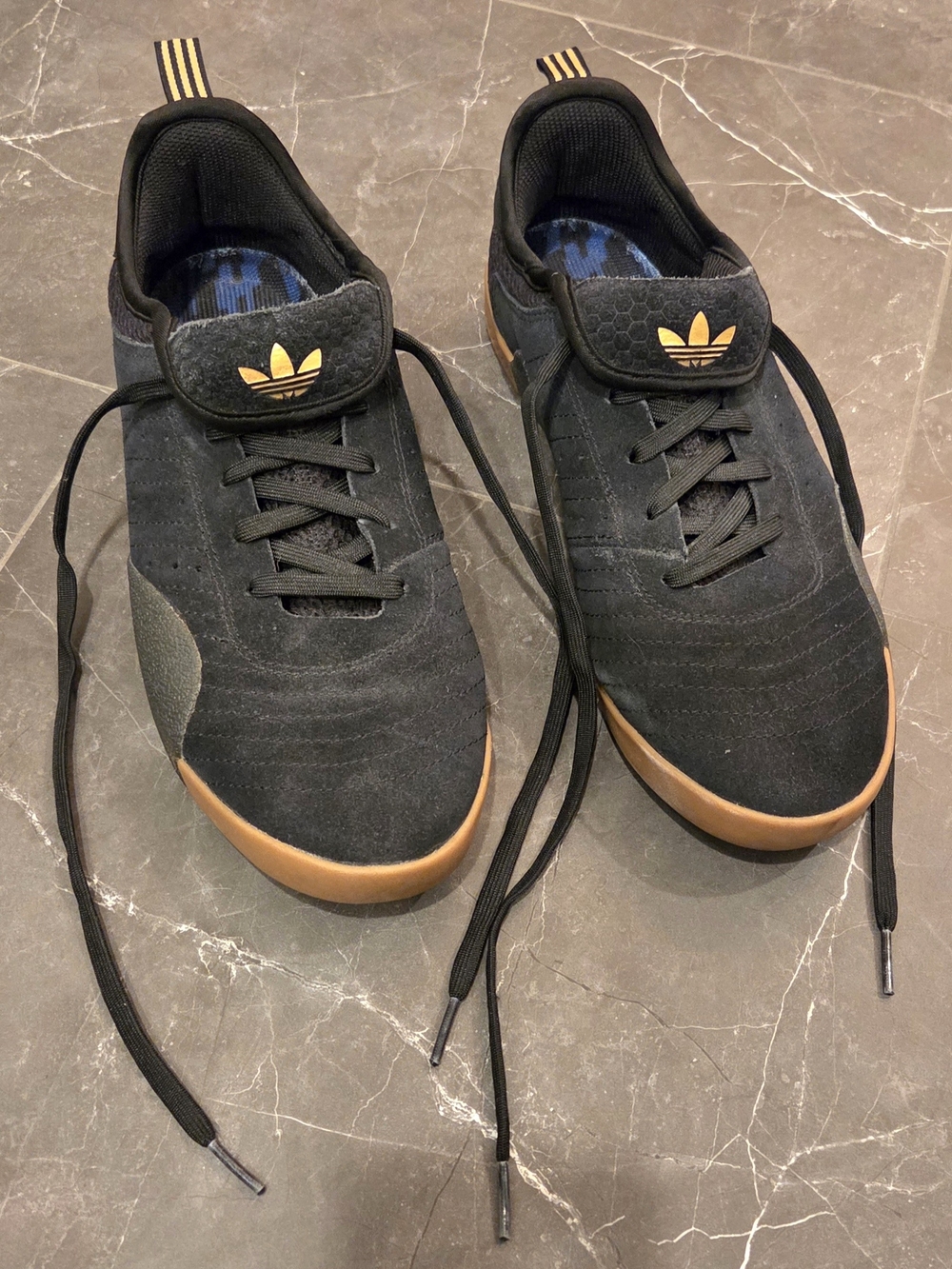 adidas Men's Black Suede Sneakers with Gum Outsole and Gold Trefoil - Size 8